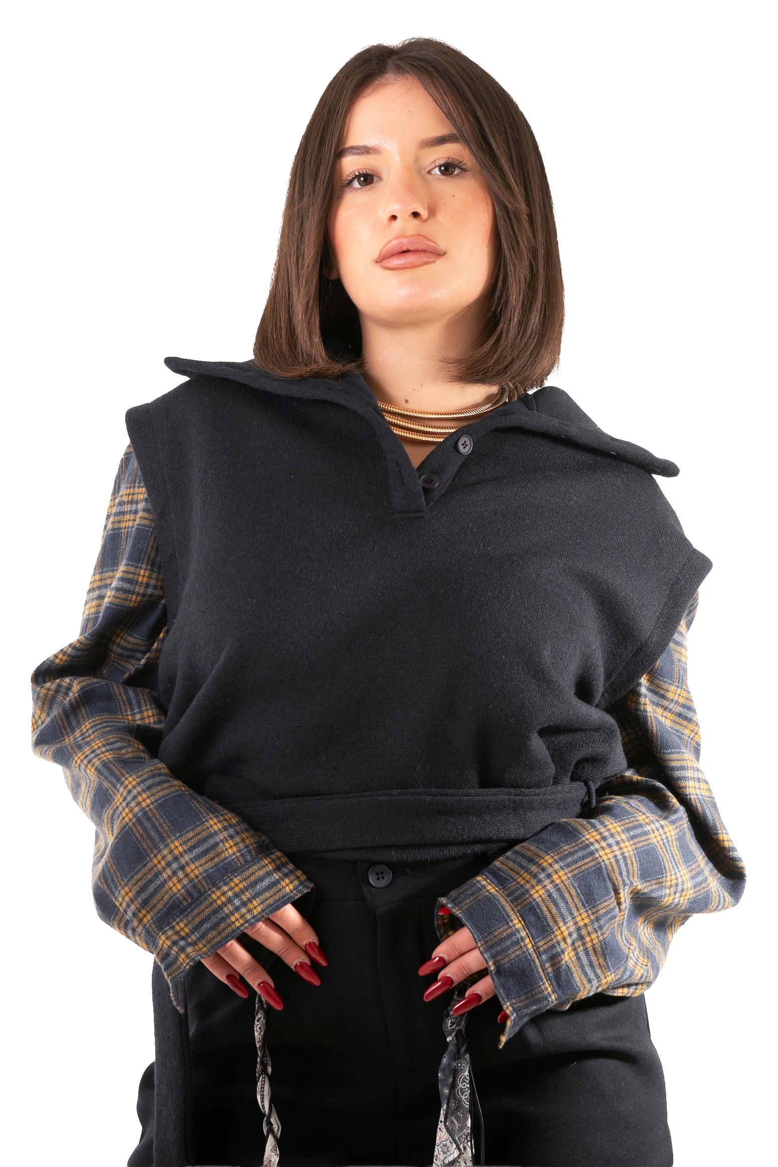 CAMICIA MANICA A QUADRI COMBINATA CON GILET STRUTTURATO BLUE