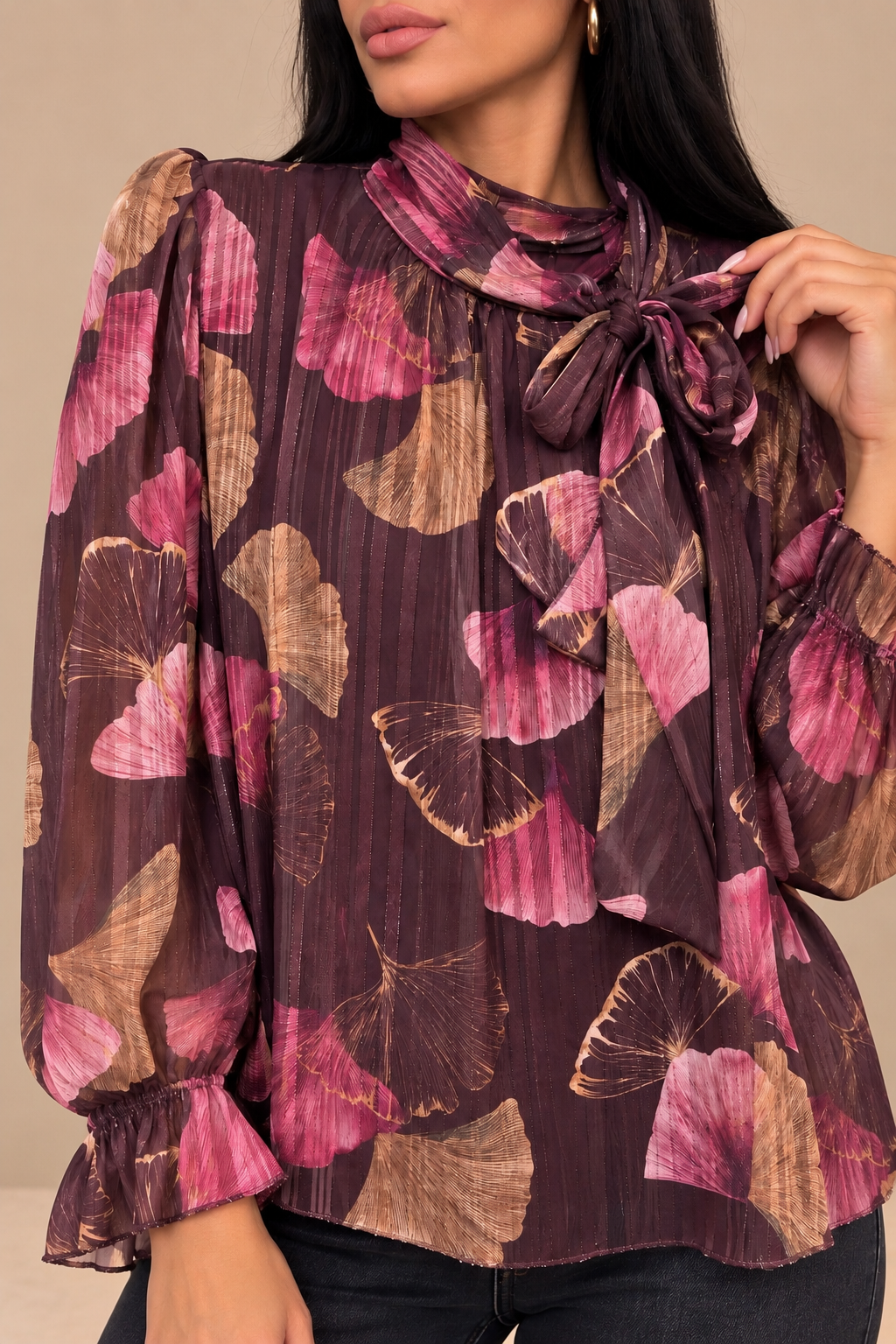 Camicia Chiffon Botanical Bow bordeaux