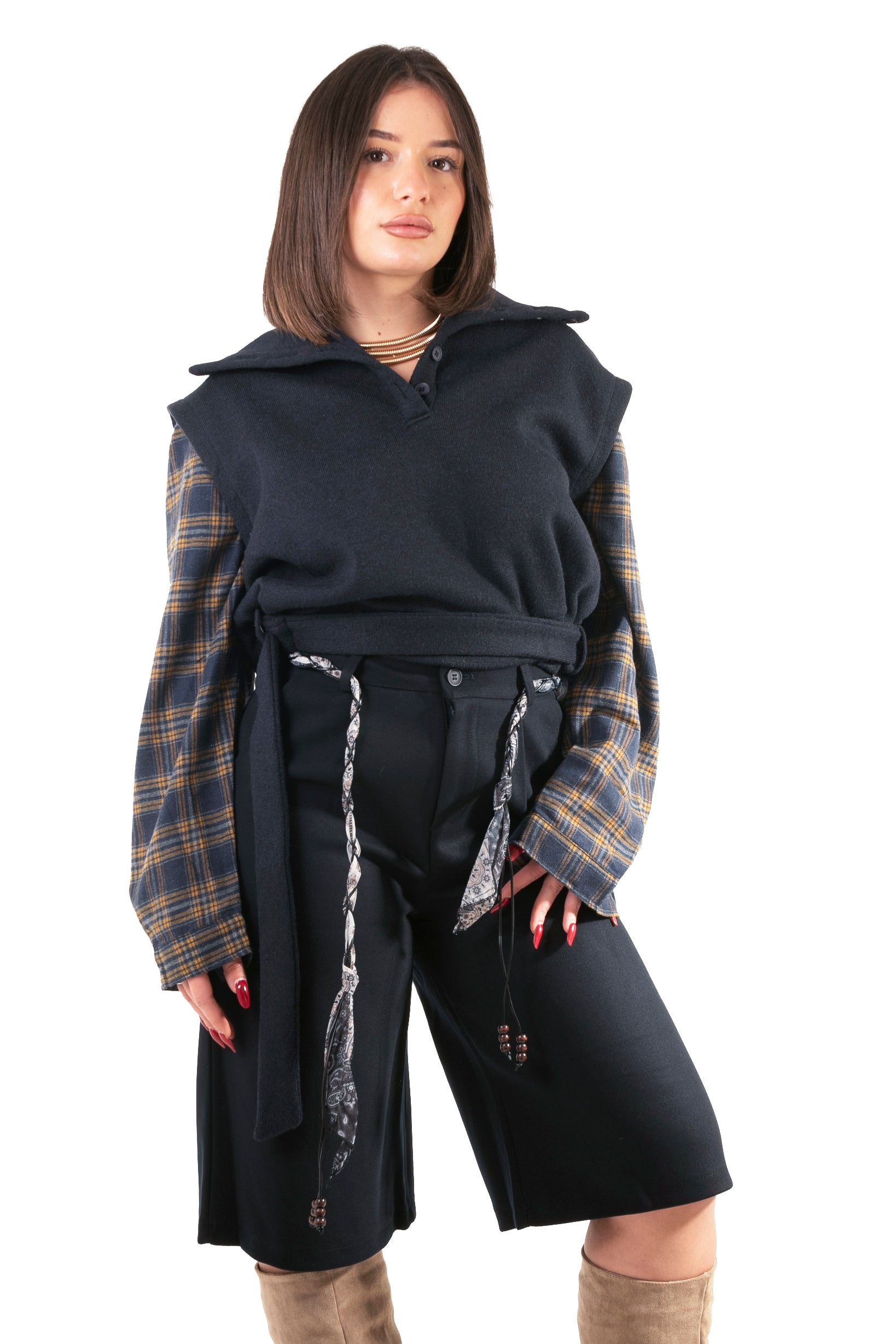 CAMICIA MANICA A QUADRI COMBINATA CON GILET STRUTTURATO BLUE