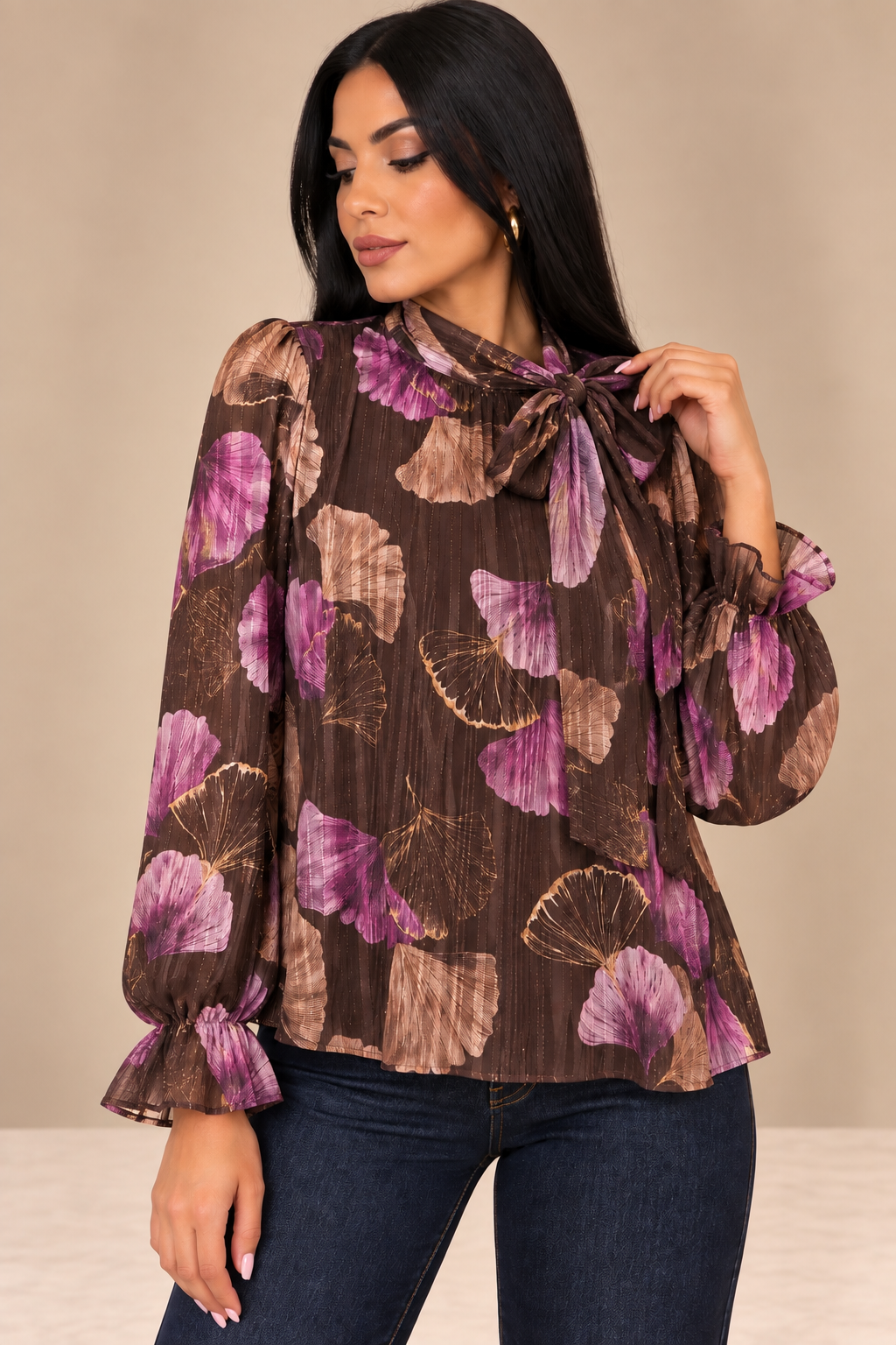 Camicia Chiffon Botanical Bow marrone