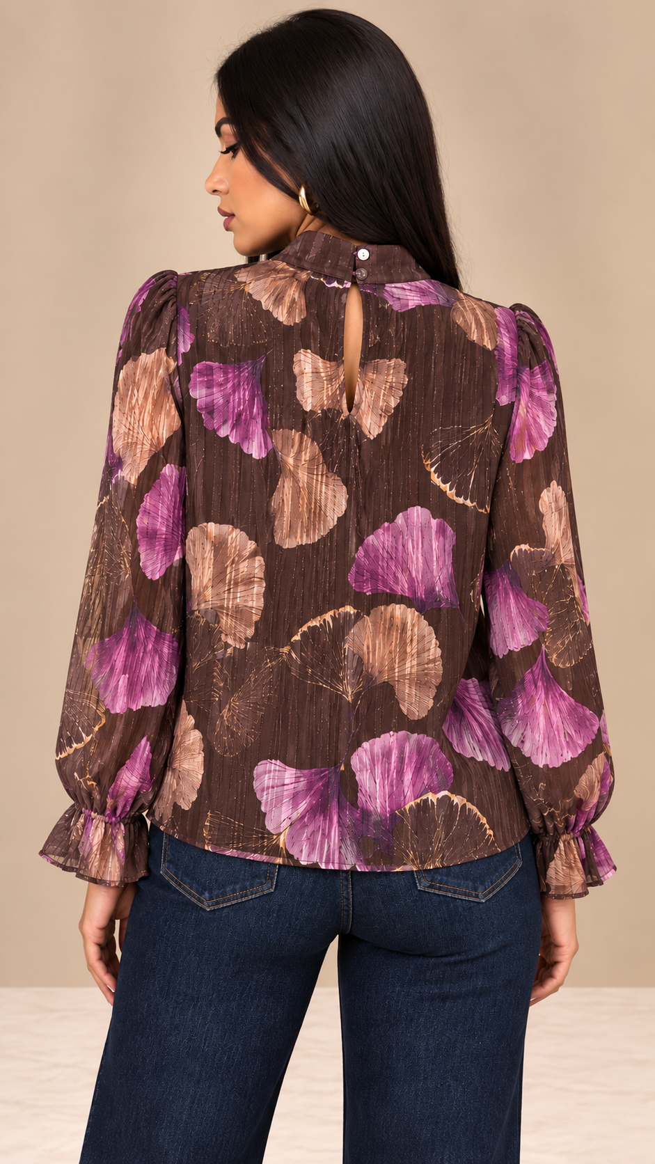 Camicia Chiffon Botanical Bow marrone