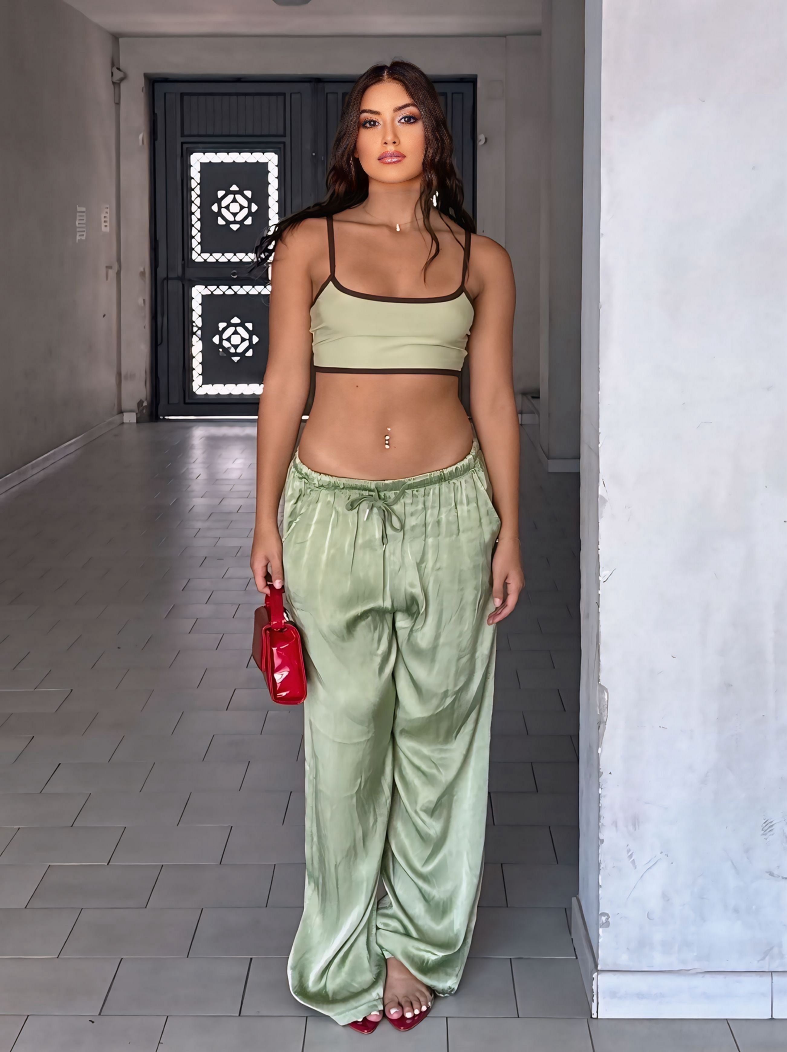 Pantalone saten verde salvia