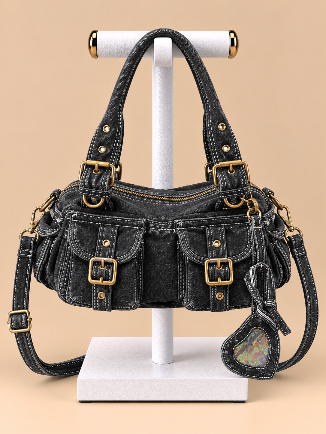 Borsa denim nera Multi-Tasca con Manici e Tracolla