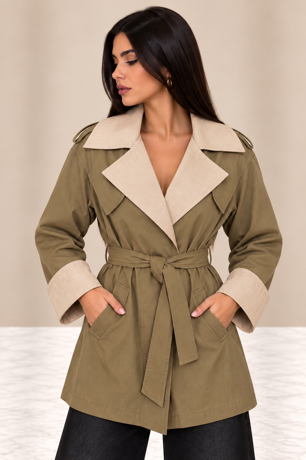 Trench Bicolor Belt fango e beige