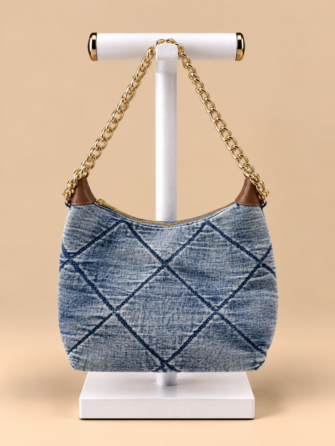 Borsa in Denim Trapuntato con Catena Dorata