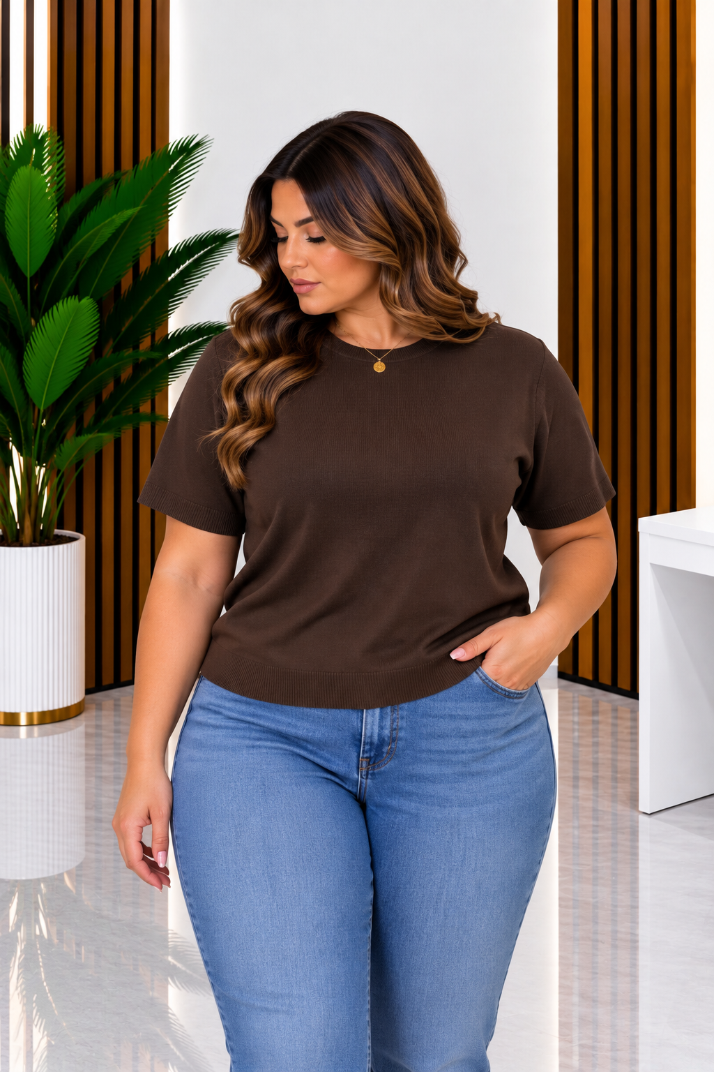 Maglioncino curvy in Lana Pettinata marrone