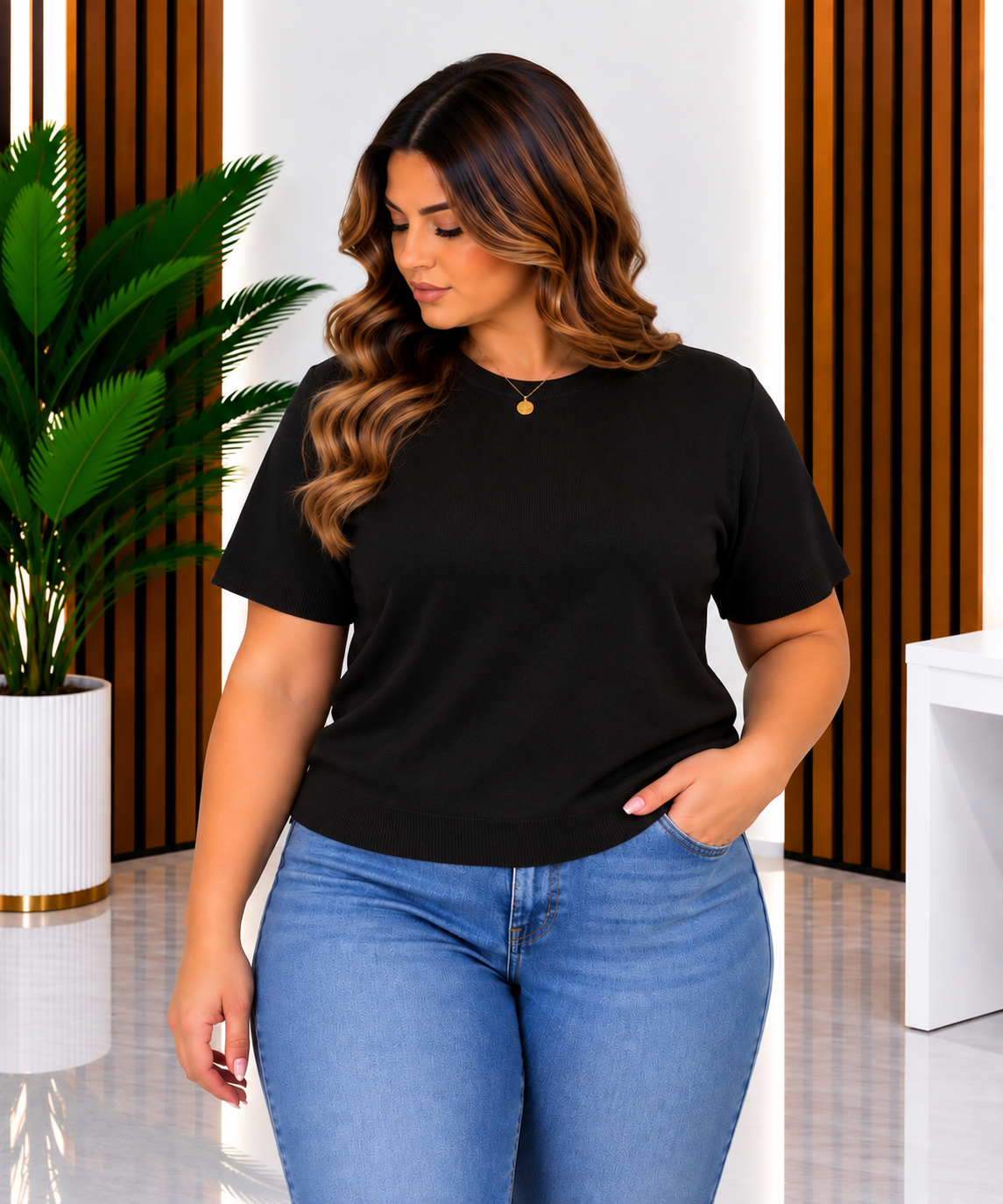 Maglioncino curvy in Lana Pettinata nera