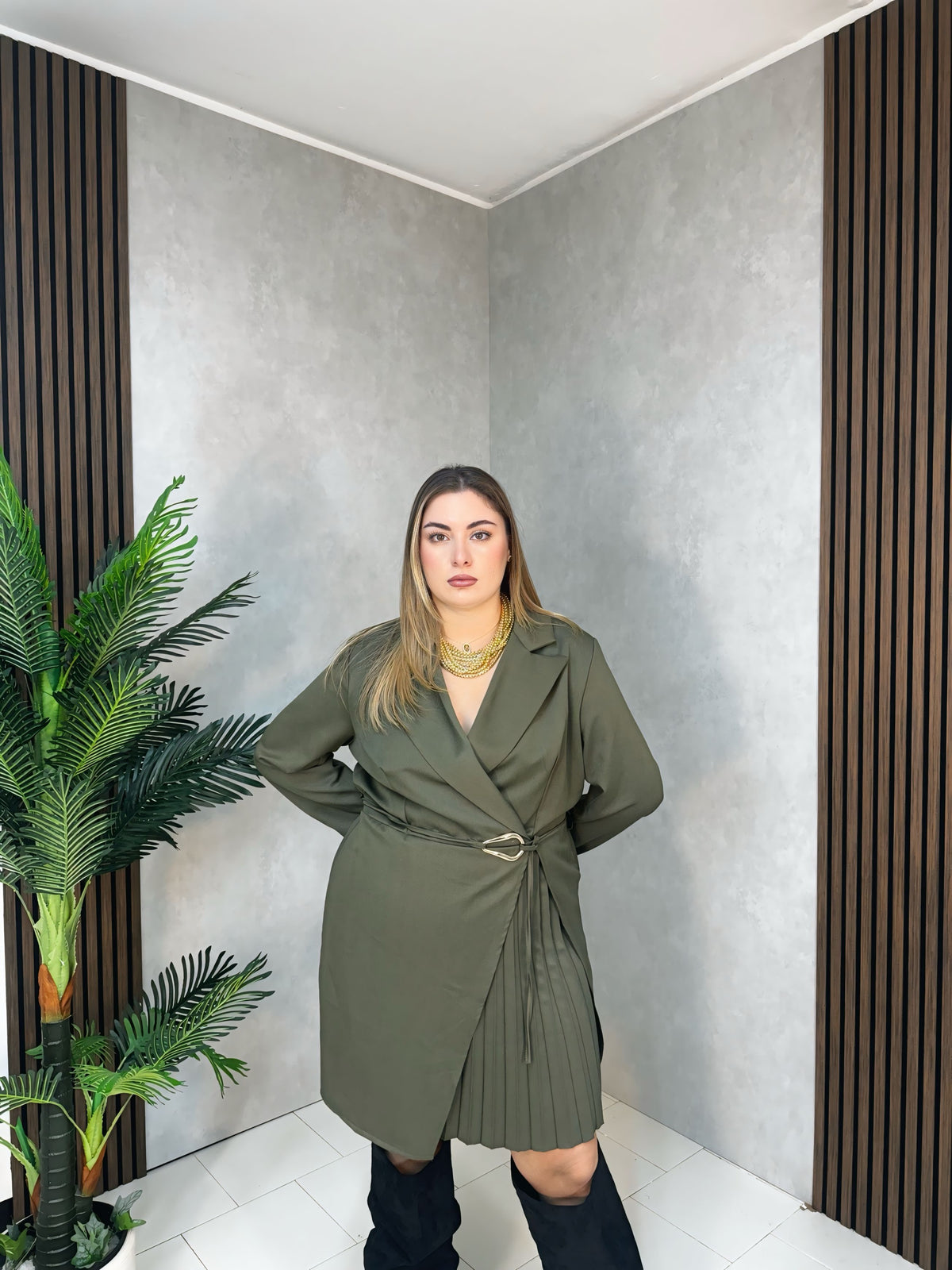 Abito Blazer Plissé Verde Militare
