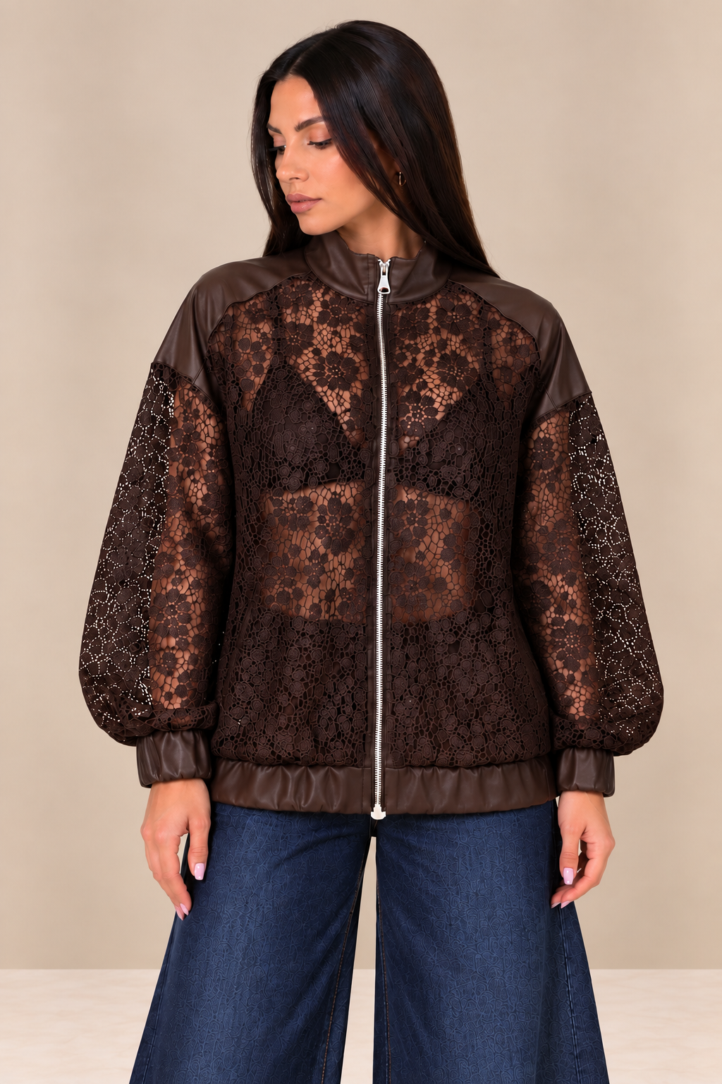 Giubbino Lace & Leather marrone