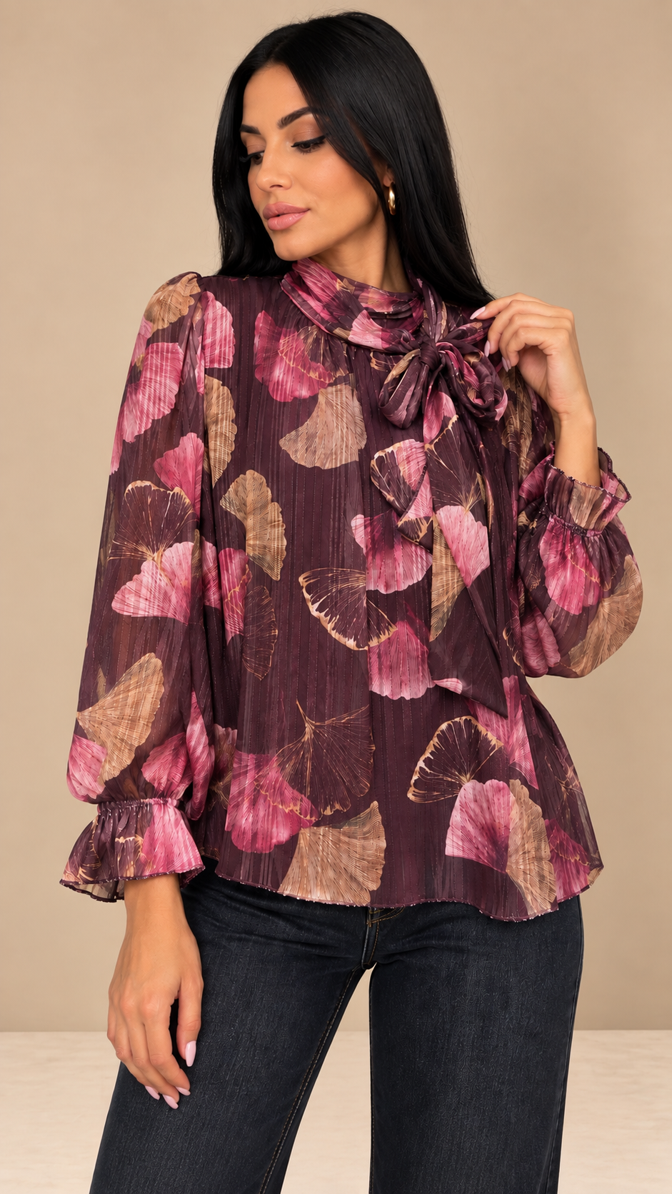 Camicia Chiffon Botanical Bow bordeaux