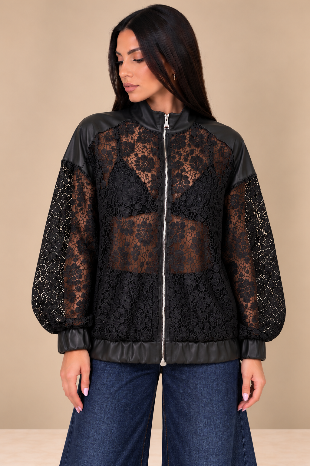 Giubbino Lace & Leather Nero