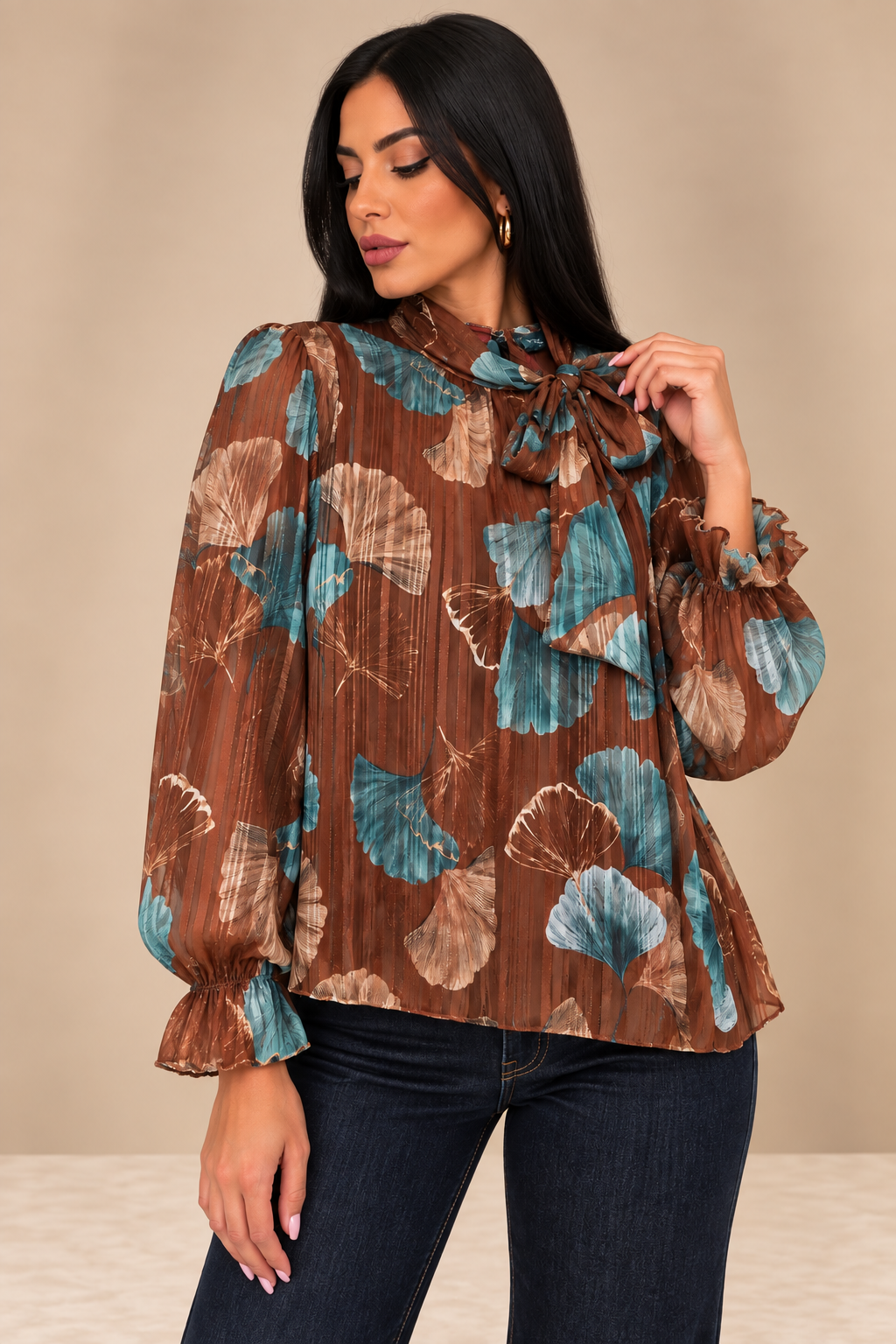 Camicia Chiffon Botanical Bow ruggine