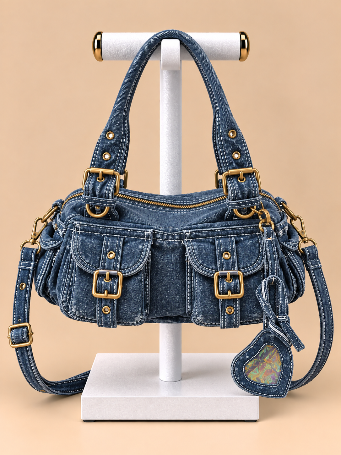 Borsa denim blu Multi-Tasca con Manici e Tracolla