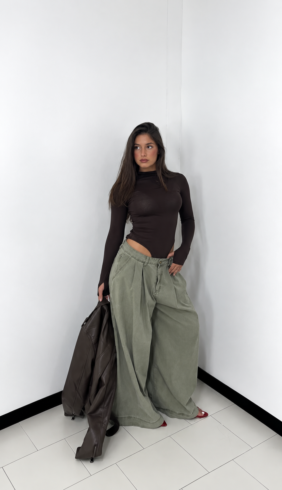 Jeans Wide Leg Balloon Sage Green