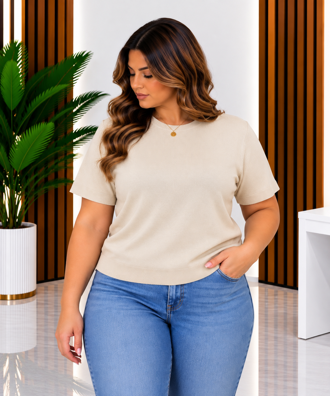 Maglioncino curvy in Lana Pettinata panna