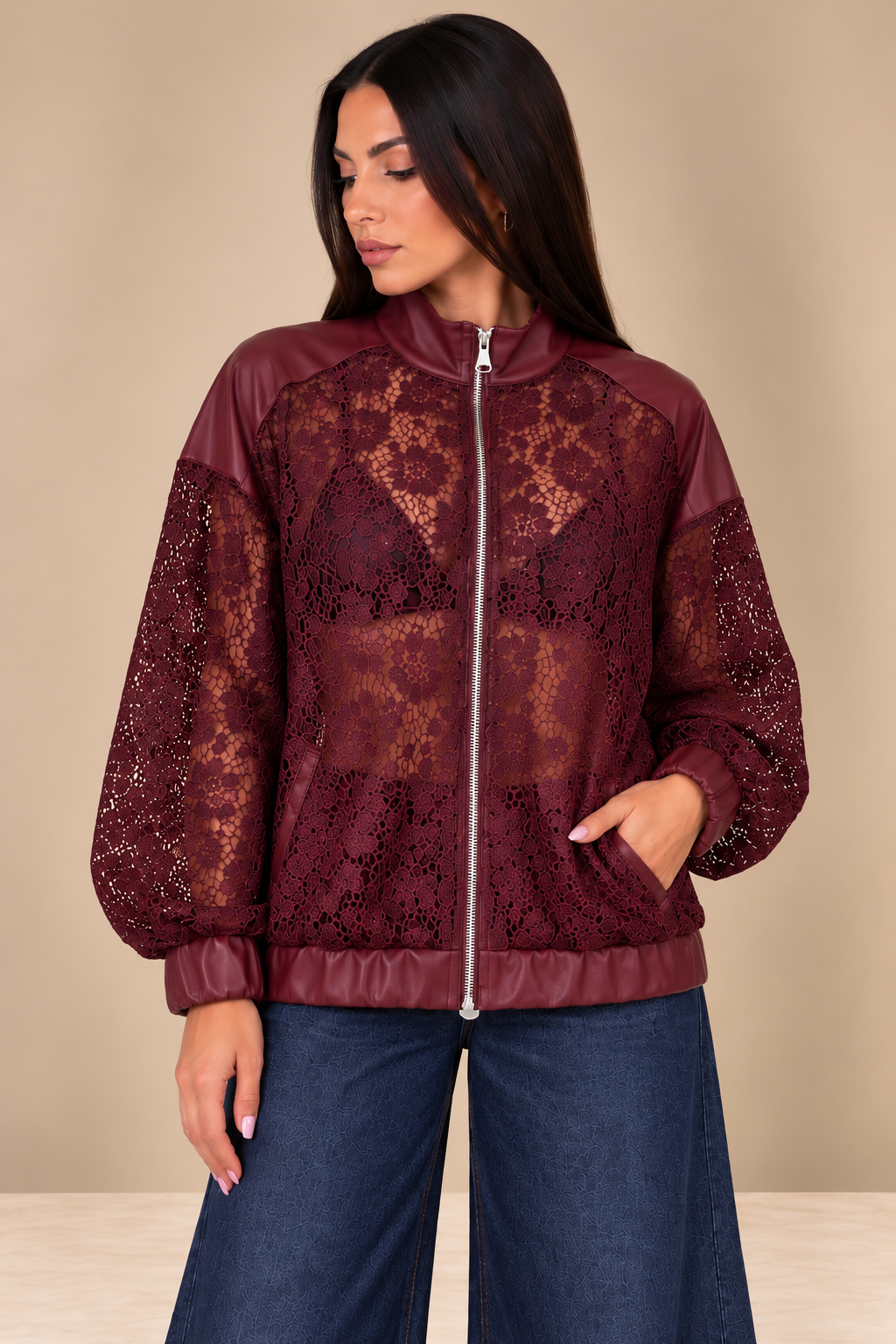 Giubbino Lace & Leather bordeaux